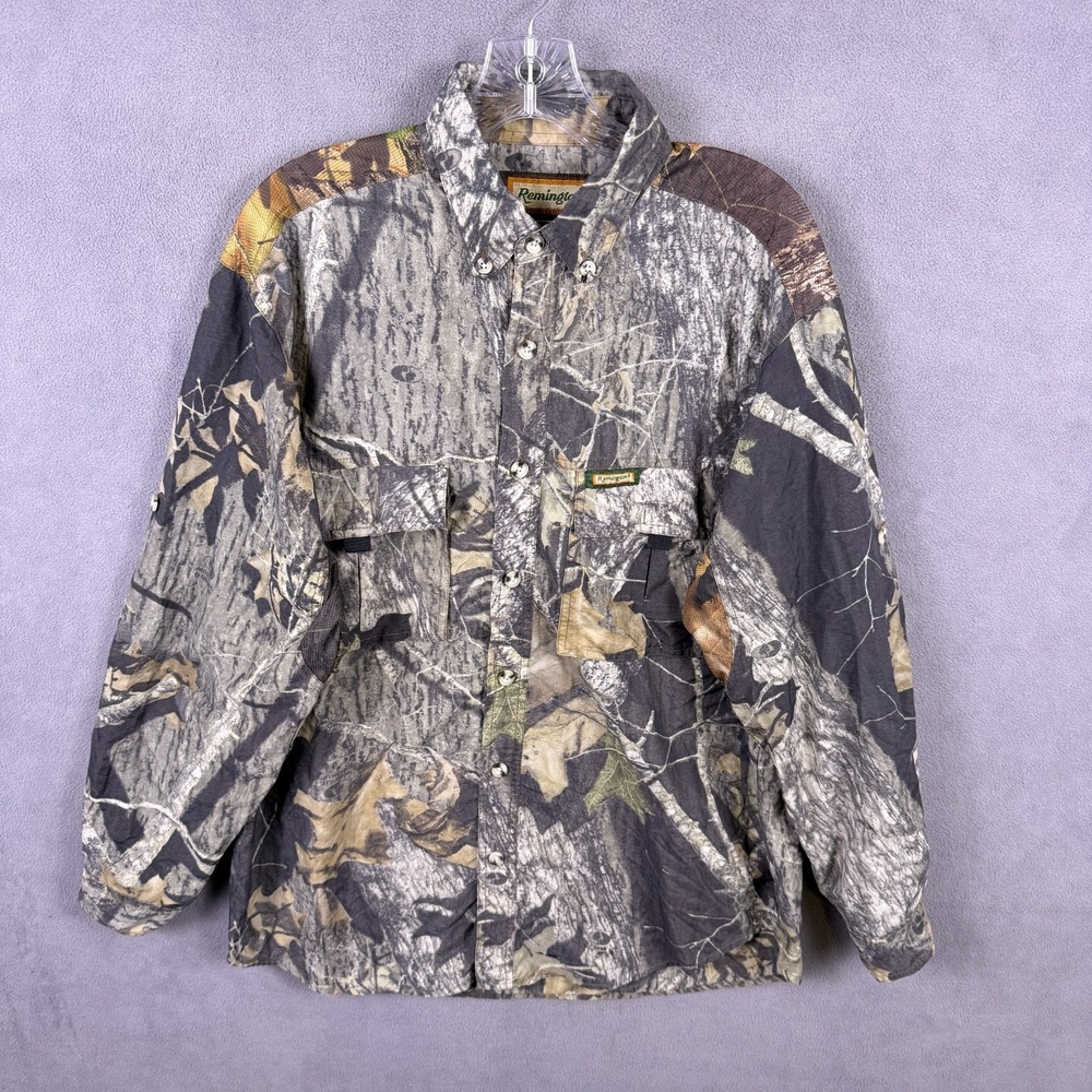 Remington Button Up Shirt Men's L? Mossy Oak Breakup Camo‎ Vintage Vented Hunt